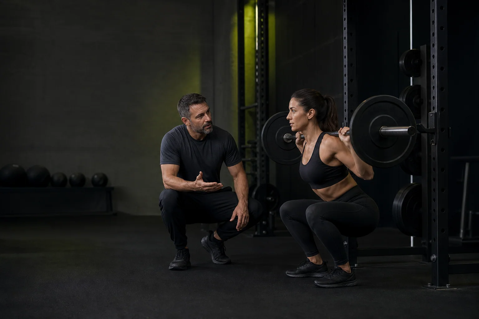 Coach guiding an athlete through a controlled strength movement