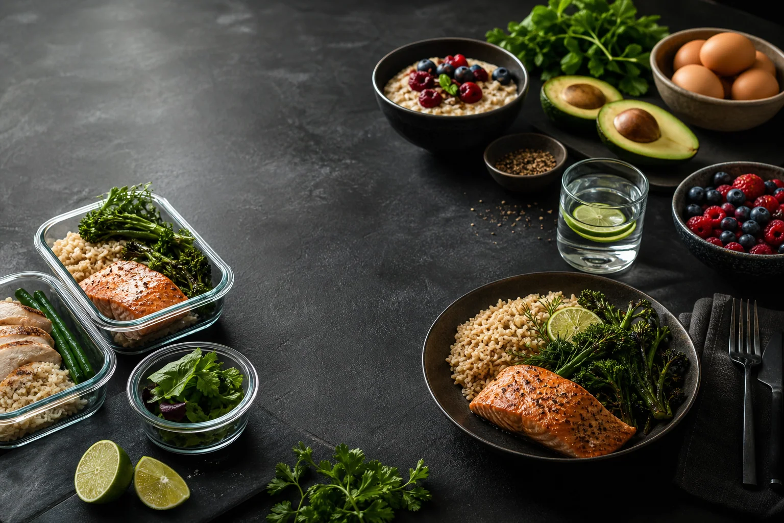 Balanced meal-prep dishes and everyday performance foods