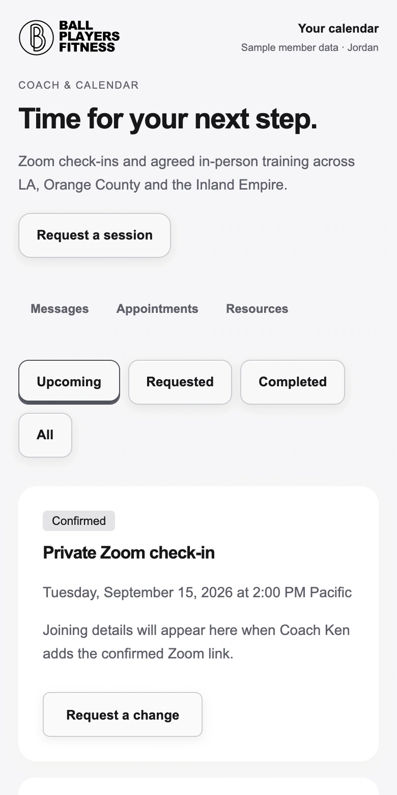 Coach & calendar portal with illustrative member records, light appearance