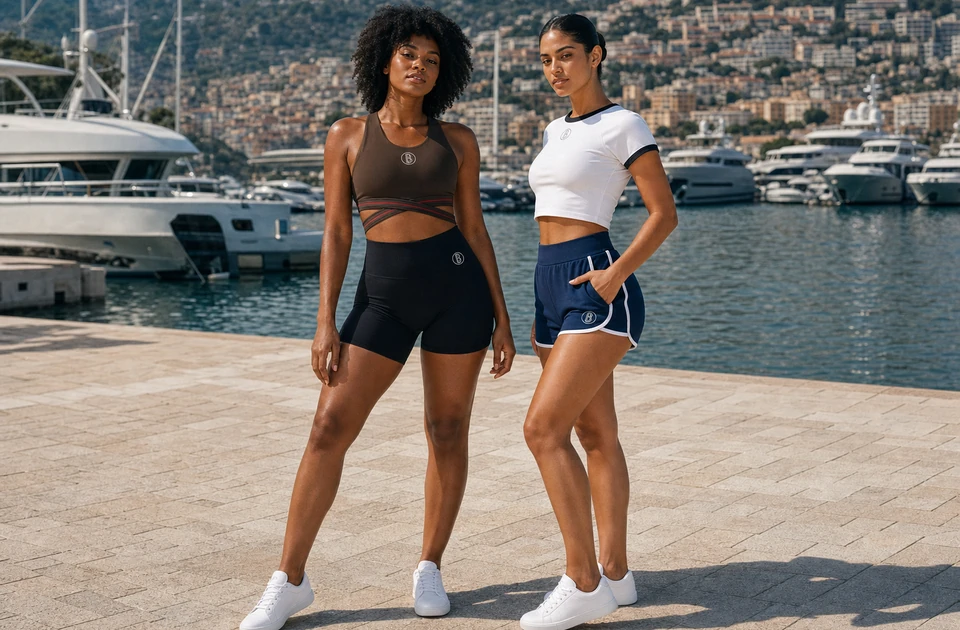 Two women model Ball Players sports bras, crop tops, and workout shorts on a Riviera marina promenade.